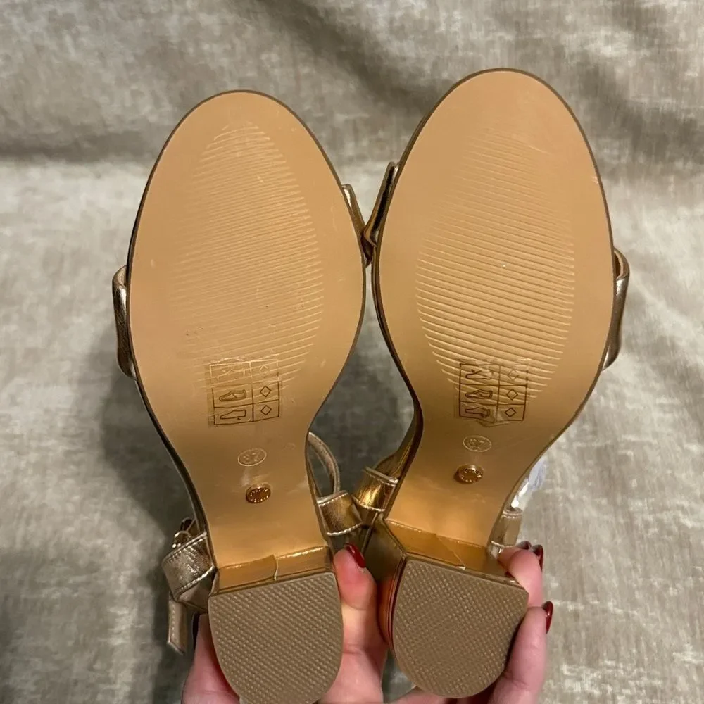 Office London Champagne Gold Block Heel Sandals
